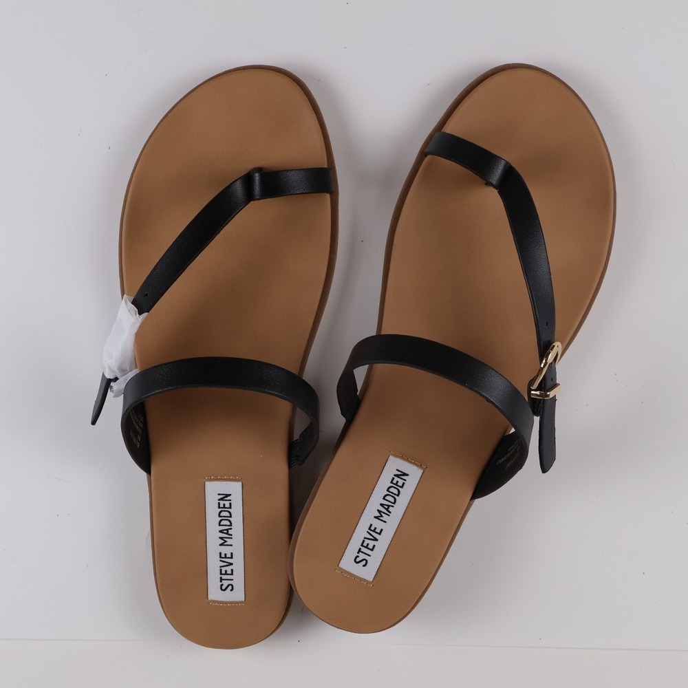 Steve Madden Kally Sandals Flat Asymmetric Black Tan 9 NEW